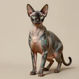a full body portrait of an anthropomorphic sphynx cat with a fully body tattoo, painted by greg rutkowski, 4 k, 8 k, masterpiece,