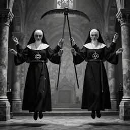 black and white, award winning photo, levitating twin nuns each having 6 arms, wearing pentgram necklace, a guillotine is depicted, the nuns have Very long arms, in a sanctuary, eerie, frightening —width 1024 —height 1024
