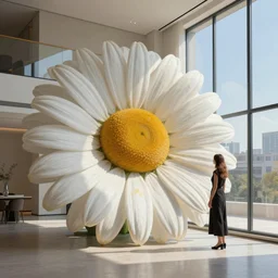 gigantic daisy flower head, woman standing next to modern window in luxury loft, surreal photography, sunlight, impressionist painting, digital painting, artstation, simon stalenhag