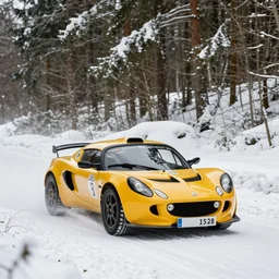 a 2 0 0 5 lotus elise 1 1 1 s, racing through a rally stage in a snowy forest