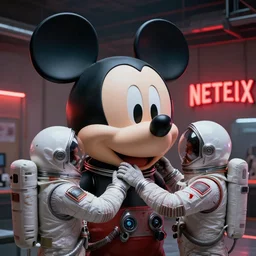 futuristic mechanics with astronaut helmets on their heads!! focused on fixing a huge mickey mouse doll head with blood splattered on cheek!! red netflix neon office sign in background, beeple!!, minimal, movie still in private car garage, dystopian