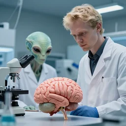 tall blond nordic extraterrestrial scientists looking at a human brain in their lab, hyper realistic, highly detailed, sharp focus, depth of field