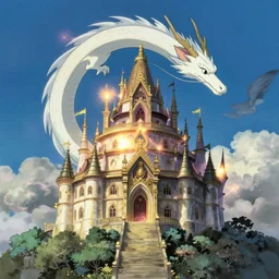 a magical palace on a mountain, a white dragon spirit flying in the sky, miyazaki's animated film, ghibli studio, spirited away, princess mononoke,