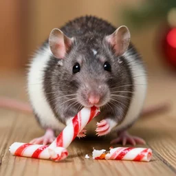 a photo of a rat eating a candy cane