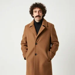 an italian man with a curly mustache wears a brown coat