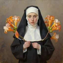 oil painting of a nun flanked by brugmansia suaveolens flowers