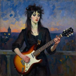 goth girl playing electric guitar at dusk, oil painting by Tamara de Lempicka, masterpiece