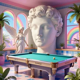 pegge hopper, vaporwave 8 0's tile pool room, giant head, by beeple, rainbow, windows, 3 d rendering, fantasy lut, epic composition, sci - fi, surreal, angelic, roman marble statue, cinematic, 8 k, unreal engine, photorealistic, palm trees
