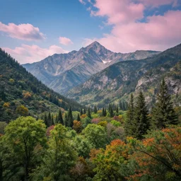 a photorealistic portrait, stunningly beautiful colorful fantasy landscape, professionally retouched, soft lighting, hyper realistic, big mountains, trees, deciduous trees, coniferous trees, beautifully detailed blue sky, pink clouds, wide angle, sharp focus, 8 k high definition, 6 4 megapixels, insanely detailed, hyper detailed, stunningly beautiful