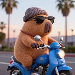 a photorealistic photograph of a knitted cute Capybara wearing sunglasses and dressed in a beanie cap in addition to riding on a blue motorcycle in Hollywood at dusk. Palm trees in the background. This 4K HD image is Trending on Artstation, featured on Behance, well-rendered, extra crisp, features intricate detail and the style of Unreal Engine.