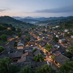 highly detailed octane render of a bustling village at twilight