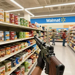 fps screenshot, inside of walmart, foods, cans, gun, half - life 2