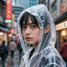 Kodak Portra 160, 8K, highly detailed, wachowski seinen manga 3/4 closeup portrait, eye contact, focus on clear transparent raincoat model, tilt shift zaha hadid style anime background: famous blade runner anime remake, tokyo izakaya scene