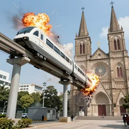 a monorail crashing into a large church, with explosions, by kim jung gi, paul heaston, extremely wide angle shot, trending on art station, 4 k, vibrant lighting