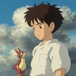 Boy and small creature, dramatic clouds, made by Studio Ghibli, highly detailed art, 4k, beautiful scene, sharp focus, smooth, artgerm