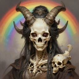 stunning taoist goddess of skull portrait, horns, bones skull, dirt, rainbow background fantasy, intricate, elegant, highly detailed, digital painting, artstation, concept art, smooth, sharp focus, illustration, art by afshar petros and krenz cushart and artem demura