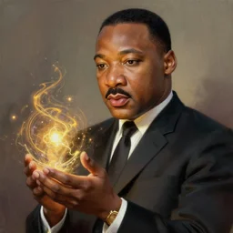 :  Martin Luther king  fantasy, fantasy magic,  , intricate, sharp focus, illustration, highly detailed, digital painting, concept art, jahbu art and Paul lewin and kehinde wiley, masterpiece
