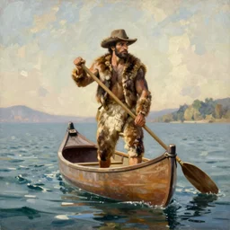fur trader in a canoe, 1 8 5 0. illustrated by n. c. wyeth. oil painting, highly detailed, centered, digital painting, artstation, romantic, concept art, smooth, sharp focus, illustration, artgerm, tomasz alen kopera, frans hals, drew struzan