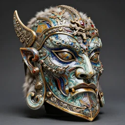fantasy art ultra 4 k photo of a bizzare colorful metal armor warrior mask made of ceramic iridescent fur intricately spectacular magnificently carved by a master engraver by h. r. giger