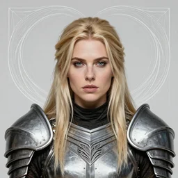 masterpiece head-on symmetrical centered portrait, Elisha Cuthbert as a Warcraft warrior, wearing steel plate armour over chest, blonde hair, masterpiece fractal art nouveau background, elegant, distant, Pre raphaelite art style, in the style of Edgar Maxence and Ross Tran and Zdzisław Beksiński and Gustave Doré and H.R. Giger and Mucha, specular highlights, 8k, octane render