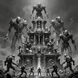 airbrushed b & w 4 character, tiered flayed god machines, cluster tiered heirarchy, battle chaos, mainframe hydrocracking battles, medical chromed, dystopian, by wayne d barlowe, h r giger, simon bisley & boris vallejo, enric torres, hyper realism, narrative light, muted colors, epic, hyper detailed, awe inspiring, award winning horror