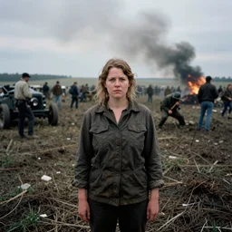 a woman from Minnesota standing in the middle of a battlefield after the Great Hot Dish wars of the midwest, award winning photograph from National Geographic, photograph, war journalism, grainy, brooding