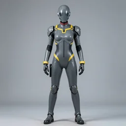 a fullbody portrait of a worker gal : : in a grey latex mechsuit with yellow accents, long sleeves, turtleneck, robotic parts : : cosplay, photgraphy, studio photography, real lighting, realistic, hd : :