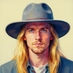 colorful painting of a man with long blond hair with a helicopter hat, no beard, matte painting, trending on art station, ultra - detailed, hq