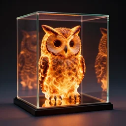 an owl on fire in the shape of a cube inside a glass box, hyperrealism photography