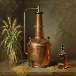 oil painting of beautiful copper still, distillation, barley grains, plants and whiskey bottle, art by anders zorn, wonderful masterpiece by greg rutkowski, beautiful cinematic light, american romanticism by greg manchess, creation by tyler edlin