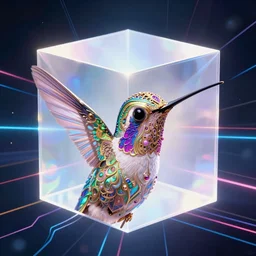 symmetry!! hummingbird face goddess, solid cube of light, hard edges, product render retro - futuristic poster scifi, lasers and neon circuits, beautiful hummingbird face, intricate, elegant, highly detailed, digital painting, artstation, concept art, smooth, sharp focus, illustration, dreamlike, art by artgerm