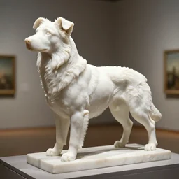 museum photo of a white marble sculpture border collie, by rachel ruysch, detailed octane render, volumetric light, ambient occlusion