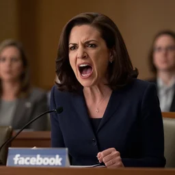 Movie still of a furious Sheryl Sandberg screaming at Congress in Facebook The Movie (2017), directed by Steven Spielberg