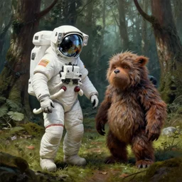 an astronaut and a strange furry creature in a forest, a detailed matte painting by frieke janssens, featured on cgsociety, fantasy art, matte painting, reimagined by industrial light and magic, matte drawing