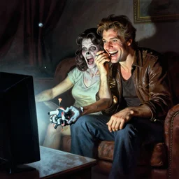 well entertained happy white couple being lobotomized watching television, by frank frazetta, jeff easley, realistic, dramatic lighting, fantastic reality, 8 k resolution