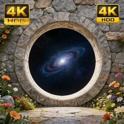 4k HDR circular stone portal opens to space surrounded by realistic flowers