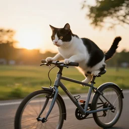 a cat with black and white fure riding a bike into the sunset