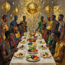 dark skinned people eating at a regal buffet ultra detailed beautiful setting elegant event nigerian party minimalist gold ornaments iridescent lighting glamour in the style of edward hooper and henri matisse yinka shonibare oil painting