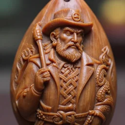 3 5 mm closeup of realistic wood carving with yosemite sam easteregg in norse style knots and wyrm pattern full carving, intricate, tokyo film still, 8 k, bokeh