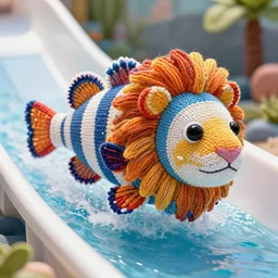 a closeup photorealistic photograph of a colorful knitted barracuda themed lion swimming down a water slide. intricate stitching. professional capture. bright scene. this 4 k hd image is trending on artstation, featured on behance, well - rendered, extra crisp, features intricate detail, epic composition and the style of unreal engine.