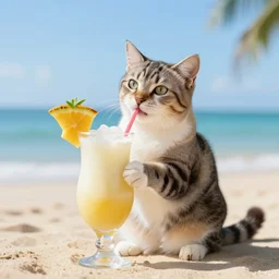 a cat in a beach drinking piña colada, photorealistic