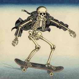 A skeleton rides a skateboard, ukiyo-e, highly detailed, trending on artstation, 8k,