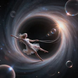 an ethereal figure getting delicately pulled and spaghettified into a blackhole, gravitational lenses, photons, dimples, fantasy, hyperrealism, 4k, volumetric lighting,a digitally transformed world, three dimensions, UI design, art by Andrew Chiampo, Frederik Heyman