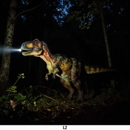 trail camera photograph of a moving velociraptor at night in the forest. obscurity. darkness!!!. flash light. red eyes. motion blur. dim light. stress