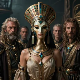 seductive, clothed science fiction mutant byzantine priestess with long neck and geometric headdress and mask, by boris vallejo, deak ferrand, and greg rutkowski