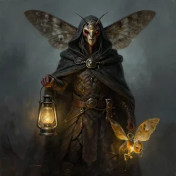 a half - length portrait painting of post - apocalyptic moth character wearing a cloak and holding a lantern, dark, character art, epic dramatic fantasy digital art