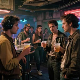 photograph of retro techwear people holding solo cups loitering near the bar of a busy rundown nightclub, retrofuturism, brutalism, cyberpunk, sigma 85mm f/1.4, 35mm, 4k, depth of field, high resolution, 4k, 8k, hd, highly detailed, full color