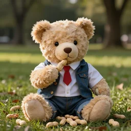 a teddy bear fully dressed in casual attire eating circus peanuts in the park