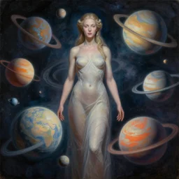 all of the planets revolving around a giant Woman, beautiful, oil on canvas, intricate, 8k highly professionally detailed, HDR, CGsociety