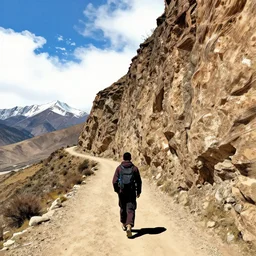 POV: walking a dirt path in the tibetan mountains, bordering a cliff, manga art